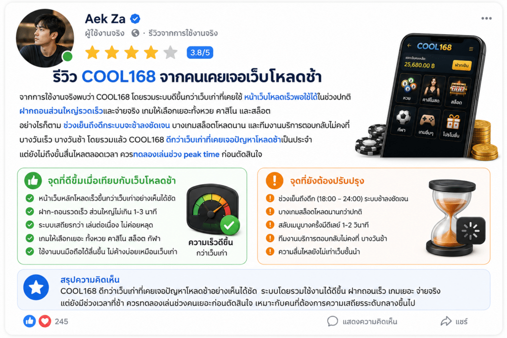 รีวิว COOL168 จากคนเคยเจอเว็บโหลดช้า: ประสบการณ์จริง